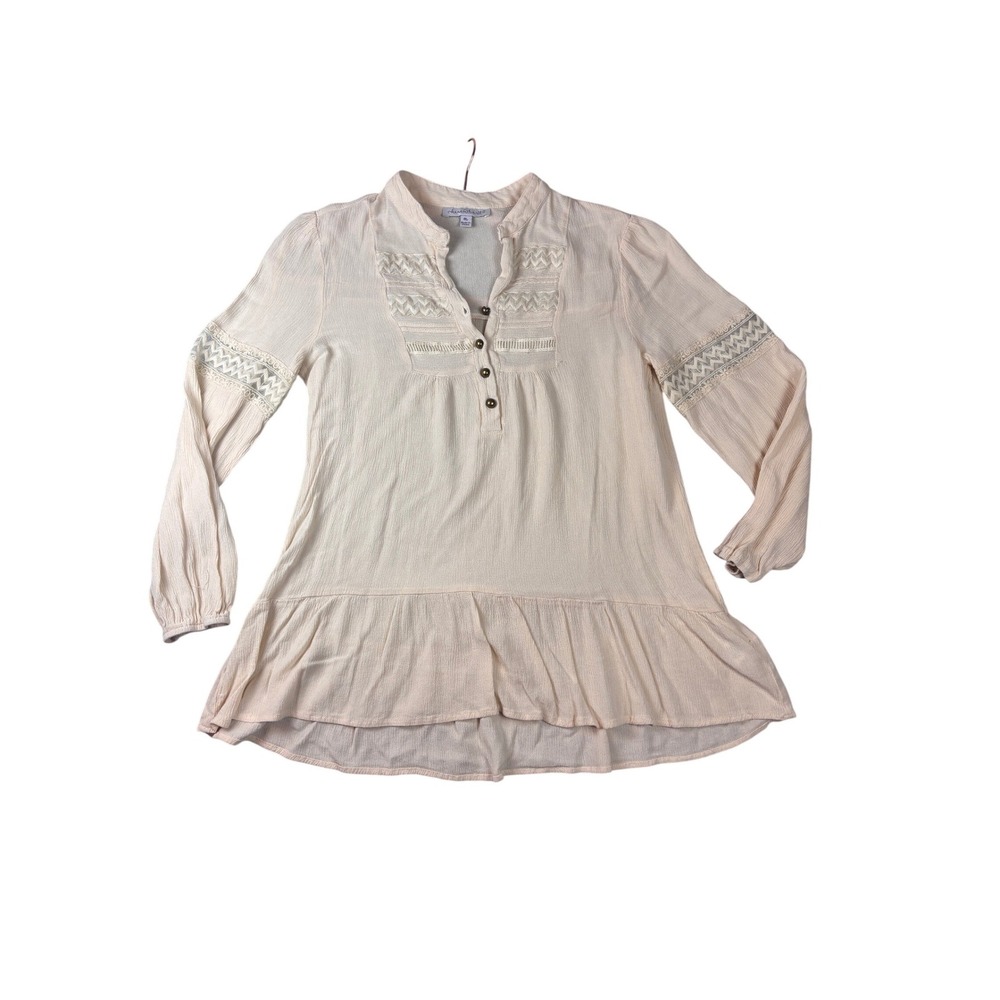 Keren Hart Womens Medium top Cream Boho Gauze Crochet Lace Ruffle Hem‎ Peasant